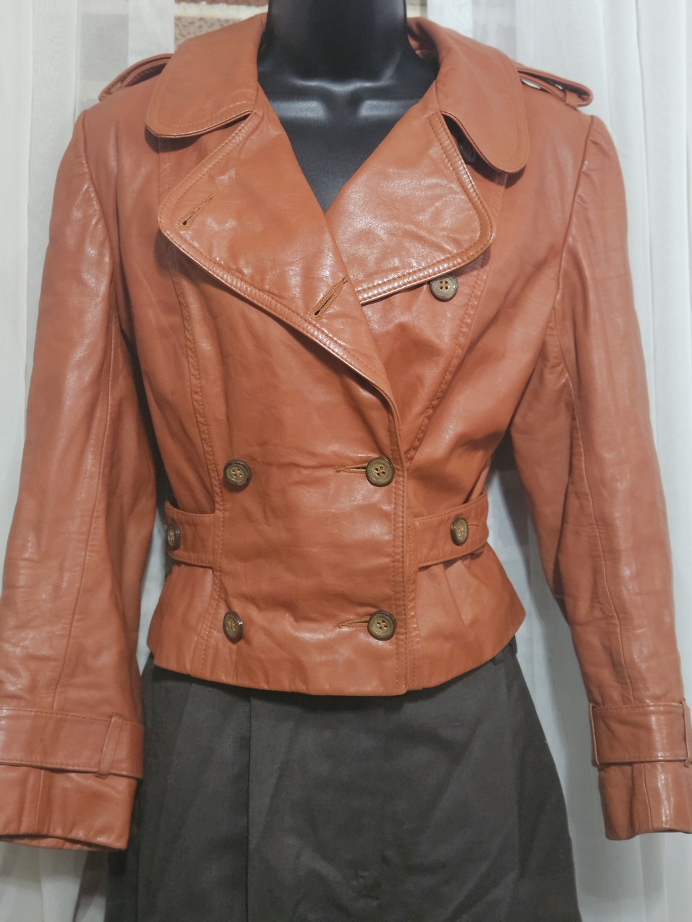Women's Burnt Orange Leather Double-Breasted Jacket